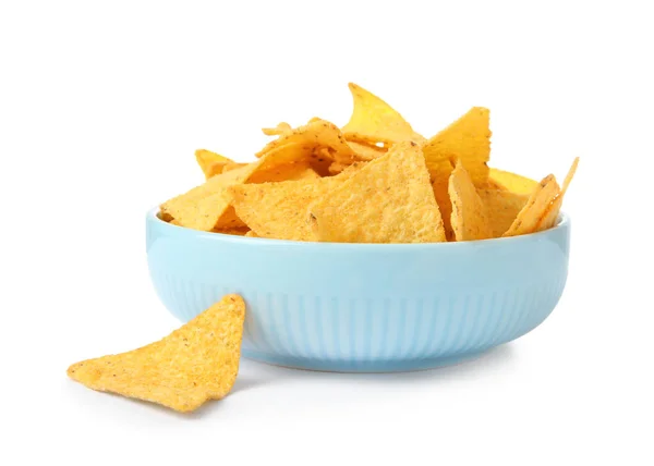 Ceramic bowl of Mexican nachos chips on white background — Stock Photo, Image