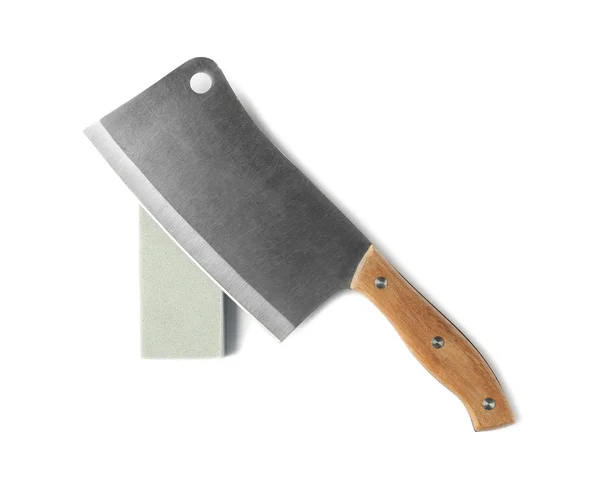 Cuchillo Cleaver y piedra de afilar aislado en blanco, vista superior — Foto de Stock