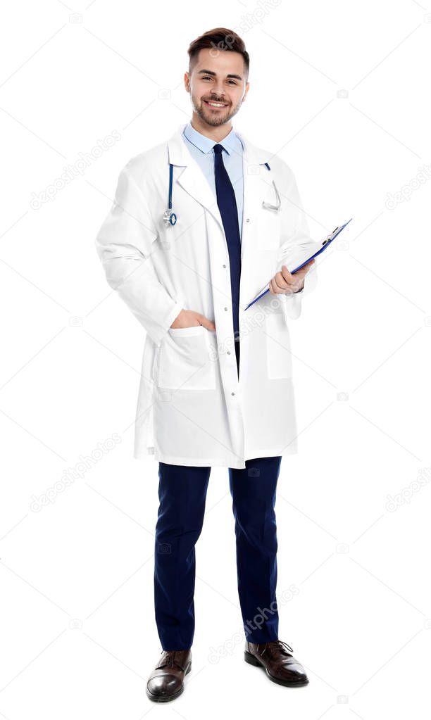 Full length portrait of medical doctor with clipboard and stethoscope isolated on white