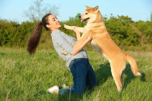 Mujer joven con adorable perro Akita Inu en el parque —  Fotos de Stock