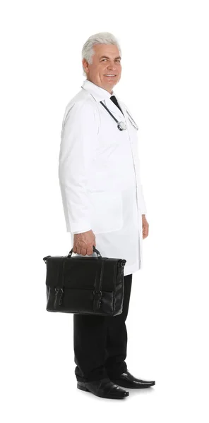 Full length portrait of male doctor with briefcase isolated on white. Medical staff — Stock Photo, Image