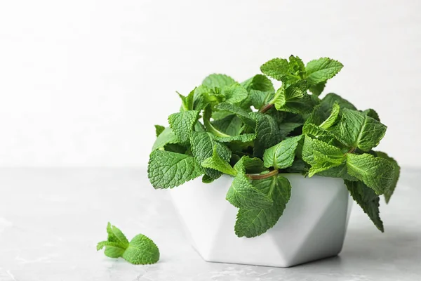 Ciotola con menta verde fresca sul tavolo. Spazio per testo — Foto Stock