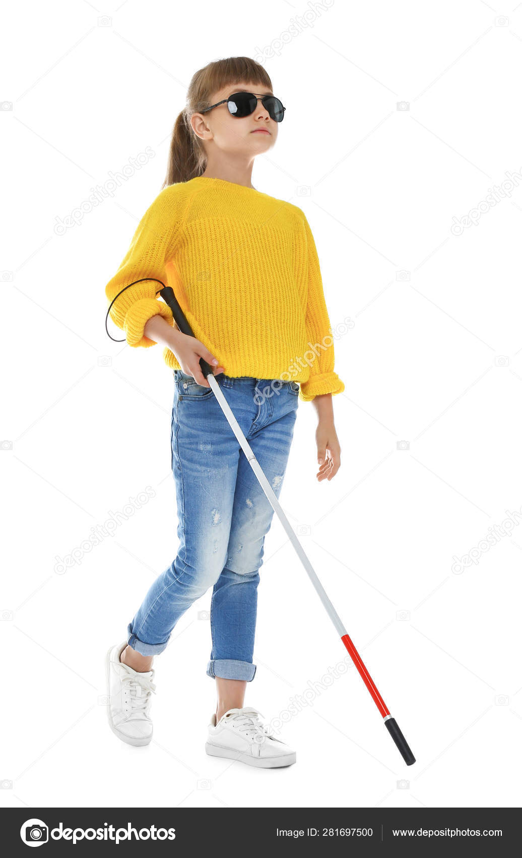 Blind girl with long cane walking on white background Stock Photo by  ©NewAfrica 281697500