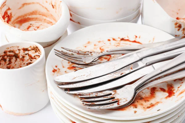 Pile of dirty dishes and cutlery, closeup — Stock Photo, Image