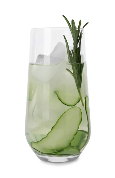 Vaso de refrescante limonada de pepino y romero sobre fondo blanco. Bebida de verano — Foto de Stock