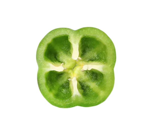Cut fresh green bell pepper on white background, top view — Stock Photo, Image