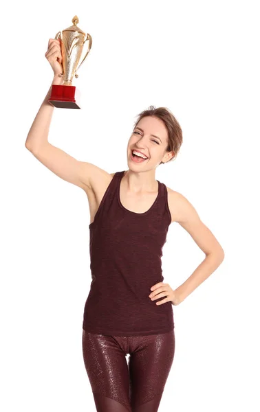 Retrato de joven deportista feliz con copa de trofeo de oro sobre fondo blanco —  Fotos de Stock