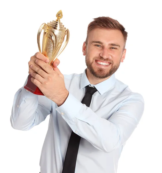 Portret van Happy Young zakenman met gouden trofee Cup op witte achtergrond — Stockfoto