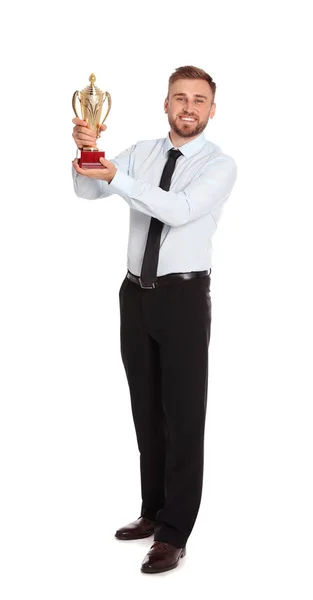 Портрет щасливого молодого бізнесмена з золотим кубком трофею на білому тлі — стокове фото