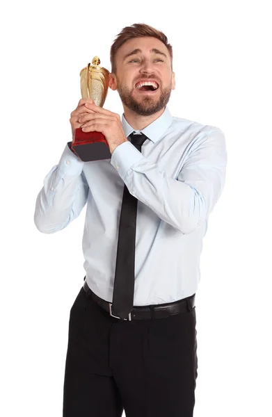 Portret van Happy Young zakenman met gouden trofee Cup op witte achtergrond — Stockfoto
