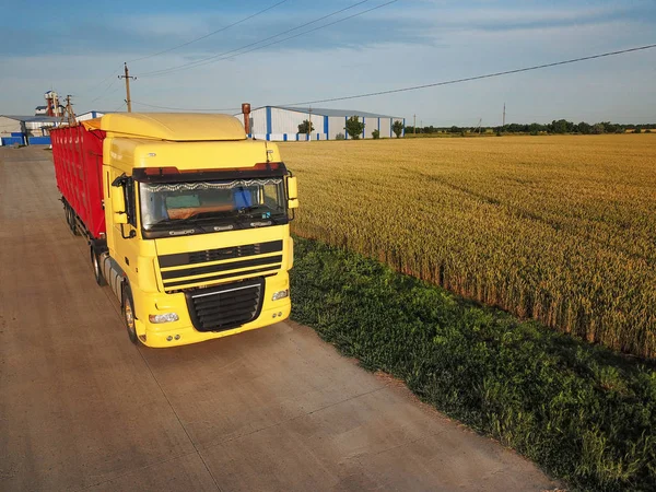 Caminhão moderno brilhante na estrada perto do campo de trigo — Fotografia de Stock