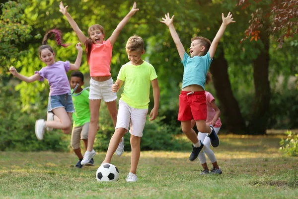 Bonito crianças brincando com bola de futebol no parque — Fotografia de Stock