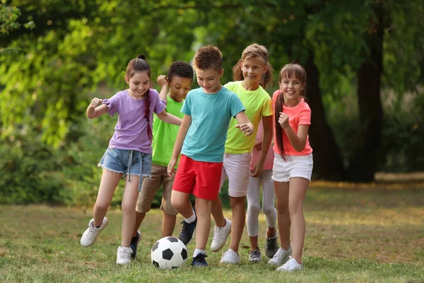 Bonito crianças brincando com bola de futebol no parque — Fotografia de Stock