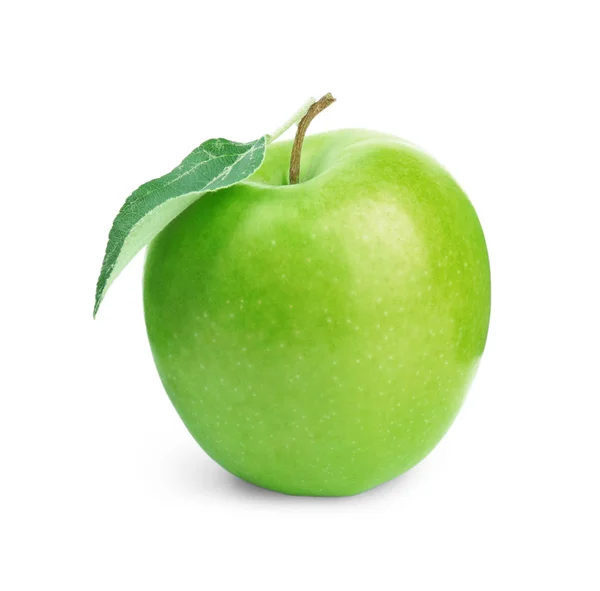 흰색 배경에 잎이있는 신선한 잘 익은 녹색 사과 — 스톡 사진