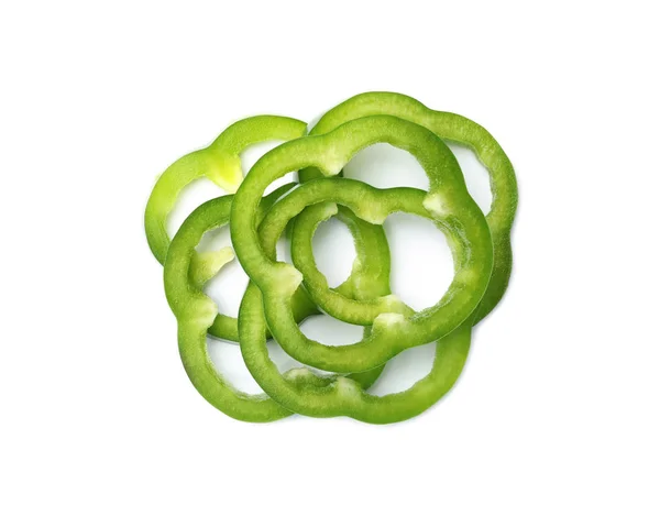 Rings of tasty green bell pepper on white background, top view — Stock Photo, Image