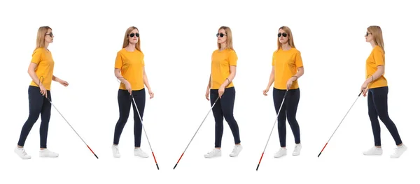 Set wanita buta dengan tongkat panjang berjalan di latar belakang putih — Stok Foto