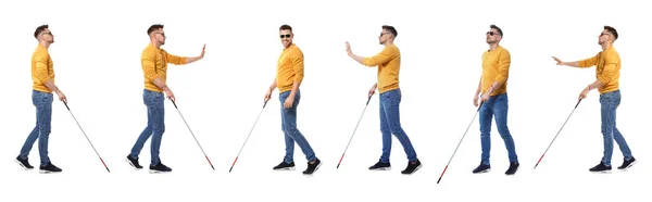 Set of blind man with long cane walking on white background — Stock Photo, Image