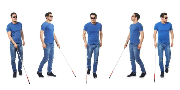 白い背景を歩く長いケーンを持つ盲目の男のセット — ストック写真