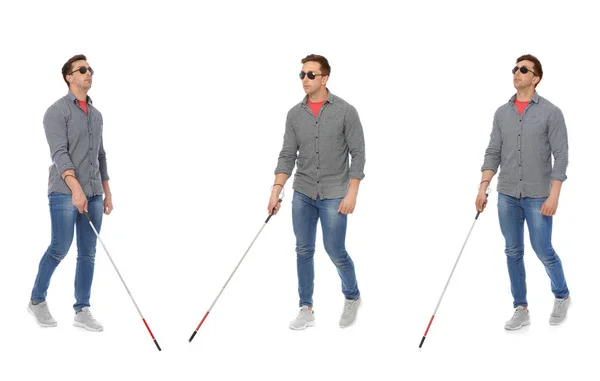 白い背景を歩く長いケーンを持つ盲目の男のセット — ストック写真