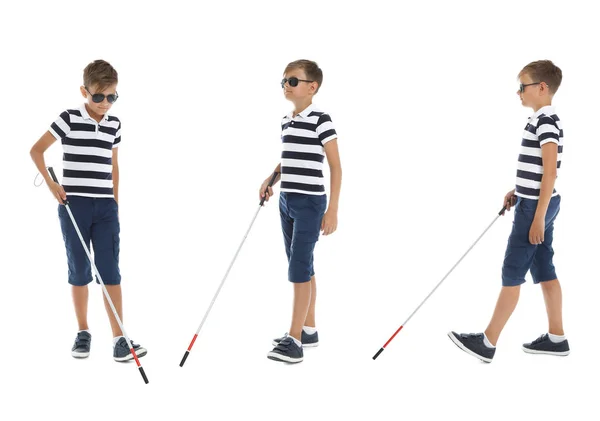 Set av blind pojke med lång käpp går på vit bakgrund — Stockfoto