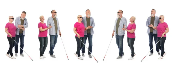 Beyaz arka plan üzerinde yürüyen uzun baston ile olgun kör insanlar seti — Stok fotoğraf