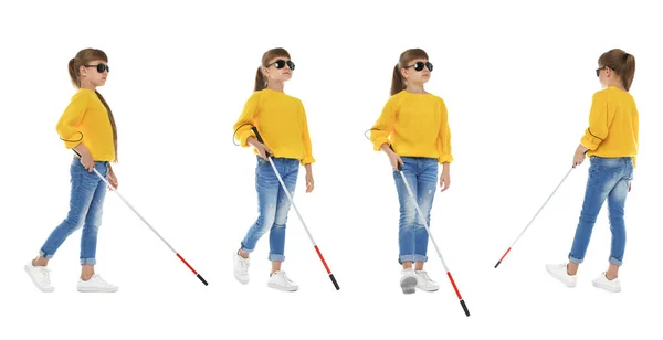 Set gadis buta dengan tongkat panjang berjalan di latar belakang putih — Stok Foto