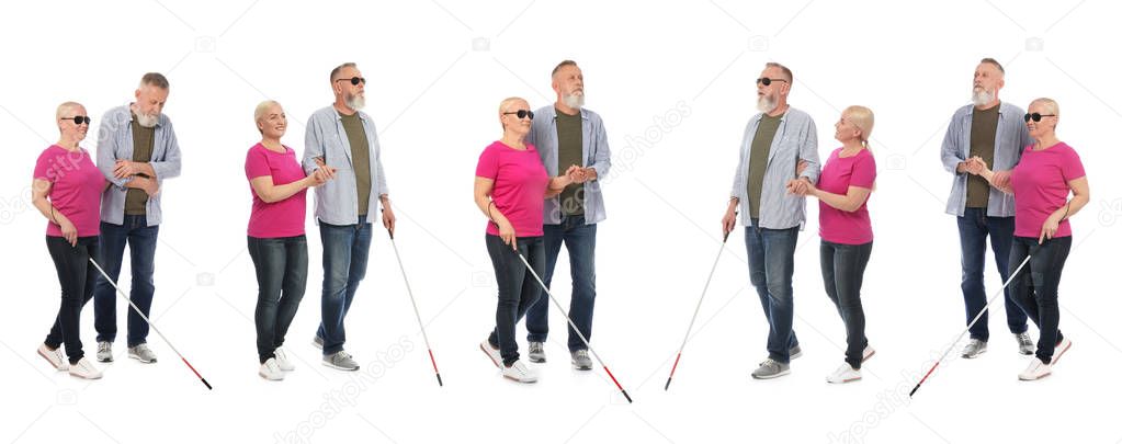 Set of mature blind people with long cane walking on white background