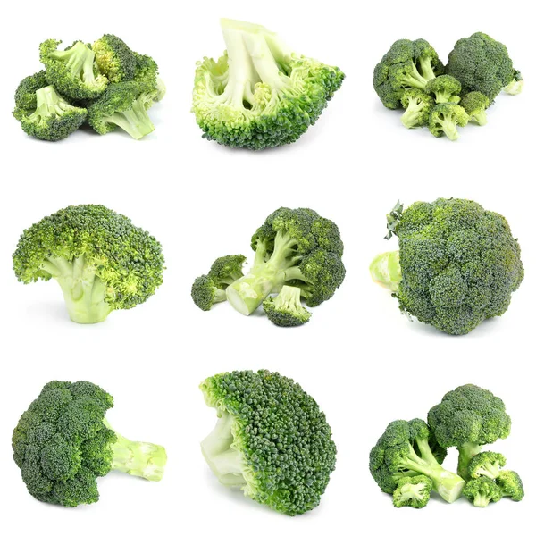 Beyaz arka planda taze yeşil brokoli seti