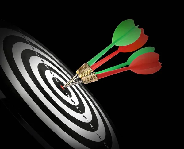 Dart board with color arrows hitting target on black background — Stock Photo, Image