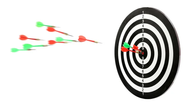 Throwing color arrows into dart board on white background — Stock Photo, Image
