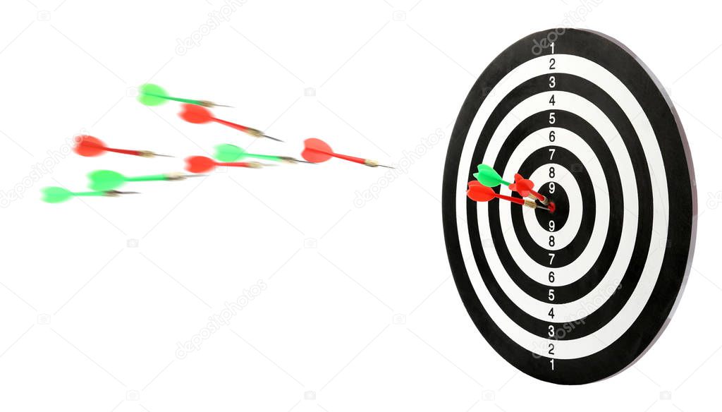 Throwing color arrows into dart board on white background