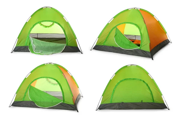 Ensemble de tentes de camping confortables et colorées sur fond blanc — Photo