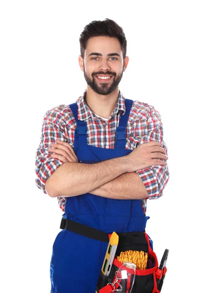 Retrato del trabajador de la construcción con cinturón de herramientas sobre fondo blanco —  Fotos de Stock