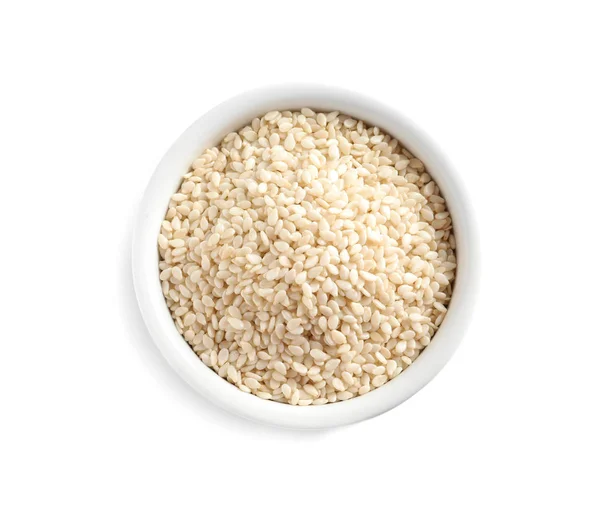 Sesam in Schale auf weißem Hintergrund, Ansicht von oben. köstliche Soßenwürze — Stockfoto