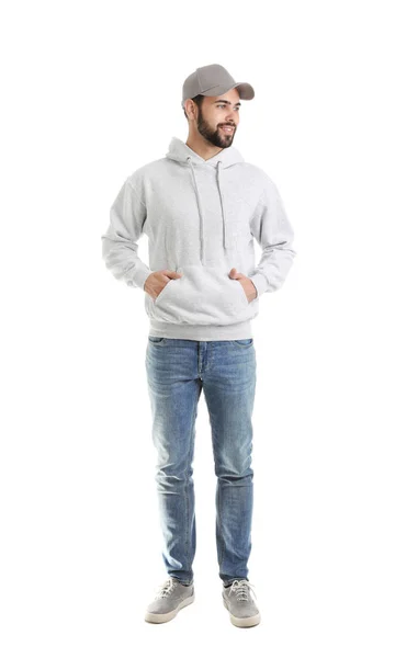 Full längd porträtt av ung man i tröja isolerad på vitt. Mock-up för design — Stockfoto