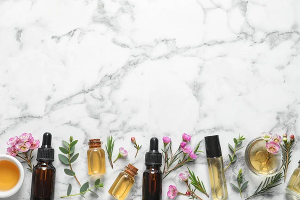 Beyaz mermer arka planda metin için doğal çay ağacı yağı ve boşluk şişeleri ile düz yatıyordu kompozisyon