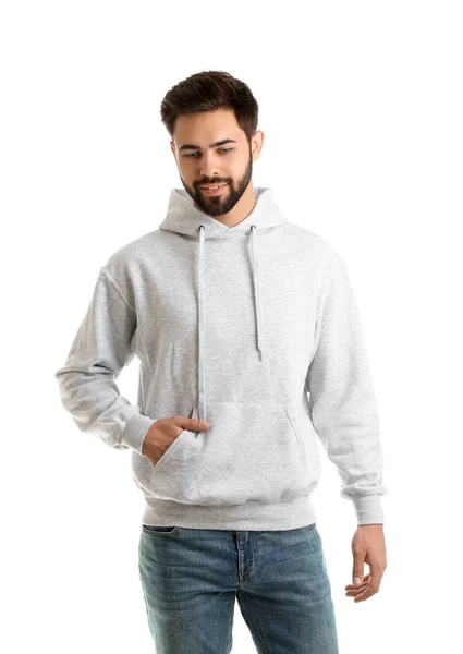 Portrait of young man in sweater isolated on white. Mock up for design — Stock Photo, Image