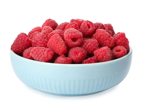 Bowl of delicious fresh ripe raspberries on white background — Stock Photo, Image