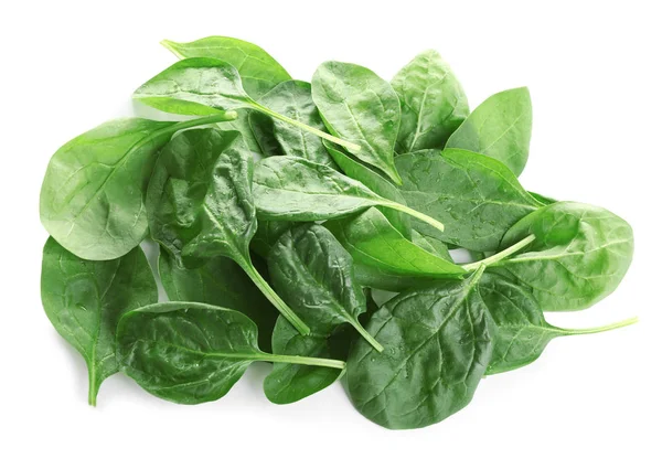 Heap of fresh green healthy baby spinach leaves isolated on white, top view — Stock Photo, Image