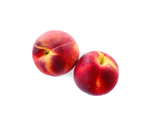Sweet juicy peaches on white background, top view — Stock Photo, Image