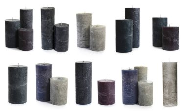 Beyaz arka planda farklı dekoratif balmumu mumlar ile ayarlayın