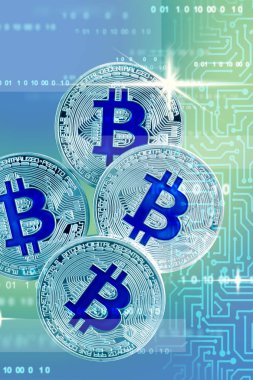 Fütüristik arka planda gümüş bitcoinler. Kripto para birimi kavramı