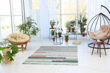 Kapalı bitkiler, salıncak ve papasan sandalye ile oturma odası iç. Trendy ev dekorasyonu