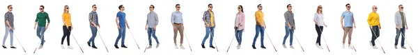 Set of blind people with long canes on white background — Stock Photo, Image