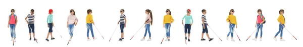 Set van blinde kinderen met lange stokken wandelen op witte achtergrond — Stockfoto