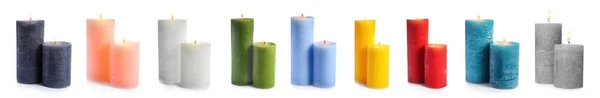 Set con diferentes velas decorativas de cera sobre fondo blanco. Diseño de banner — Foto de Stock