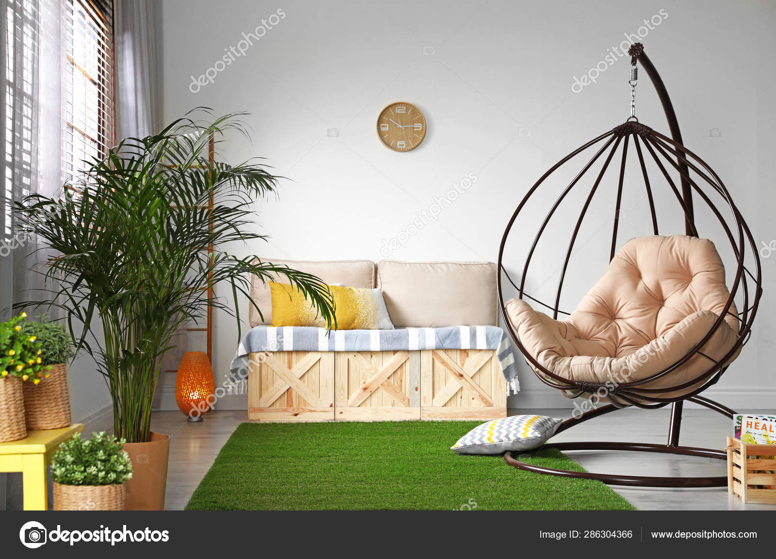 Stylish Modern Room Interior With Swing Chair Stock Photo