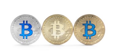 Beyaz üzerinde izole Bitcoins satır. Dijital para birimi