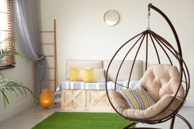 Salıncak sandalyeli şık ve modern oda iç mekan