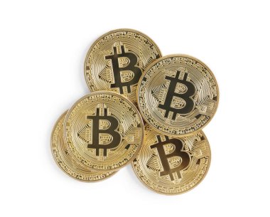 Beyaz, üst görünümde izole Bitcoins yığını. Dijital para birimi